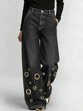 Load image into Gallery viewer, Women's High Waist Wide Leg Jeans with Gold Eyelets Vintage Baggy Denim Pants, Y2K Streetwear Hollow Out Trousers Ladies Jeans
