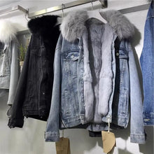Load image into Gallery viewer, Winter Warm Coats Big Fur Collar Denim Jacket Women Basic Coat Female Cold Motorcycle Outerwear Fleece Thick Padded Overcoat
