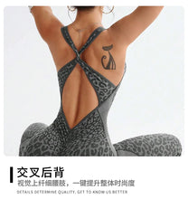 Load image into Gallery viewer, ZHEJIN Leopard Jumpsuit Women Flare Leg Yoga Romper Backless Criss Cross Workout Bodysuit Scrunch Butt Lift Gym Fitness Wear
