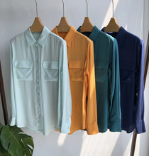 Load image into Gallery viewer, Women Real Silk Shirts Classic Double Pockets Solid Color Casual Fashion Long Sleeve Thin Shirt Blouses Tees
