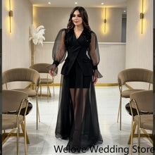 Load image into Gallery viewer, Black Evening Dress For Women V‑Neck Tulle Puff Long Sleeve Shoulder Beaded Embellishment Short Inner Dress Flowy Long Sheer
