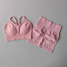 Load image into Gallery viewer, Women's Yoga Set Strappy Sports Bra &amp; High Waisted Shorts | Quick Dry Padded Butt Lifting Workout Outfit for Running Traini
