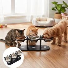 Load image into Gallery viewer, Elevated Cat Food Bowl with Black Wooden Support Frame Stainless Steel Cats Bowls 15° Stand Sloped Feeding &amp; Watering Supplies
