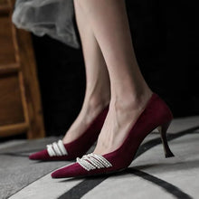 Load image into Gallery viewer, Women High Heels Sexy Beading Shoes Female 2024 New Red Velvet Pumps Pointed Toe RetroThin Heel Party Wedding Shoes Wholesale
