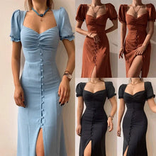 Load image into Gallery viewer, Elegant Dresses Women Summer Sexy Dress 2024 New V-Neck Single Breasted Short Puff Sleeves Solid High Waist Hem Split Midi Dress
