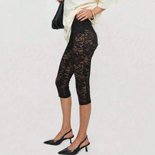 Load image into Gallery viewer, Women's Black Lace Leggings Seductive High-Waisted Sheer Cropped Leggings Lace-Up Base Layer Tights
