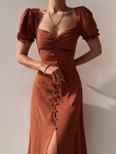 Load image into Gallery viewer, Elegant Dresses Women Summer Sexy Dress 2024 New V-Neck Single Breasted Short Puff Sleeves Solid High Waist Hem Split Midi Dress
