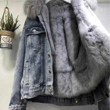 Load image into Gallery viewer, Winter Warm Coats Big Fur Collar Denim Jacket Women Basic Coat Female Cold Motorcycle Outerwear Fleece Thick Padded Overcoat
