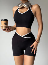 Load image into Gallery viewer, Gym Exercise Set For Women 2pcs Set Yoga Suit Black And White Patchwork Fashionable Halter Top High-Waisted Breathable Shorts
