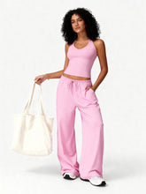 Load image into Gallery viewer, Women 2 Piece Yoga Outfit Ribbed Halter Crop Tank Top Drawstring Wide Leg Pants Set Casual Workout Gym Loungewear Tracksuit
