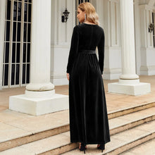 Load image into Gallery viewer, Women's Elegant A-Line Velvet Dress for Wedding Guest Prom Party Wedding Party, Long Sleeve Round Neck Belted Full Skirt
