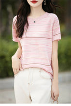 Load image into Gallery viewer, Women's T-shirts Summer New 100% Cotton Short Sleeve Casual Striped Knit Blouse Round Neck Tops Loose Pullover Tees
