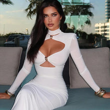 Load image into Gallery viewer, Elegant Party Dresses For Women Fashion Sexy Solid Full Sleeves Hollow Out Turtleneck Sheath Hip Wrap Long Vestidos Robes Female
