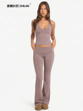 Load image into Gallery viewer, 2 Piece Yoga Set Women Foldover Waist Flare Pants Bell Bottoms Tank Top Matching Set Gym Workout Fitness Wear Lounge Wear Suit
