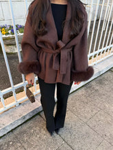 Load image into Gallery viewer, Women's Wool Coat with Fur Cuffs Minimalist Soft Wool High Fashion Belted Winter Fur Trim Coat Old Money Style Natural Fur Coat
