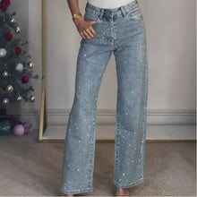 Load image into Gallery viewer, 2025 Women Jeans Straight Diamonds Pants Stretch High Waist Washed Mom Jeans Y2k Streetwear Trousers Vintage Denims Streetwear
