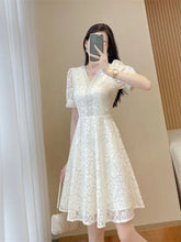 Load image into Gallery viewer, Elegant White Lace Puff Dress
