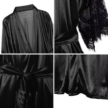 Load image into Gallery viewer, Women Night Gown Robe with G String Floral Lace Bathrobe Halt Sleeve Nightdress Female French Sexy Silky Satin Sleepwear
