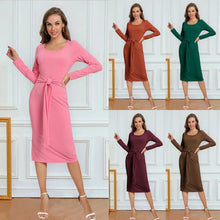 Load image into Gallery viewer, Women's Elegant A-Line Velvet Dress for Wedding Guest Prom Party Wedding Party, Long Sleeve Round Neck Belted Full Skirt

