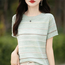 Load image into Gallery viewer, Women's T-shirts Summer New 100% Cotton Short Sleeve Casual Striped Knit Blouse Round Neck Tops Loose Pullover Tees
