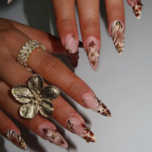 Load image into Gallery viewer, Medium fake nails for women Gradient nude brown blue flowers or rhinestones fall winter almond tips press on false nail art set
