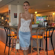 Load image into Gallery viewer, 2 Piece Skirts Set Lace Corset Top and Satin Midi Skirt Women Sexy Bustier Backless Crop Top Bodycon Slip Skirts Matching Outfi
