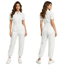 Load image into Gallery viewer, Womens Short Sleeve Scrubs Jumpsuit Front Zipper Elastic Waist Jogger Pants Rompers Nurse Doctor Workwear for Caring Nursing
