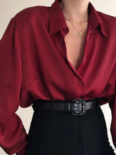 Load image into Gallery viewer, Women Button Blouses Turn Down Collar Shirts Office Lady Long Sleeve Casual Blouse Loose OL Shirt Baggy Tops Red/Wine Red /Black
