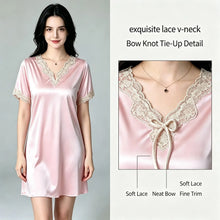 Load image into Gallery viewer, Elegant Women Satin Night Dress Lace V‑Neck Bow Knot Short Sleeve Sexy Sleepwear Ladies Home Loungewear Nightgown Sexy Lingiere
