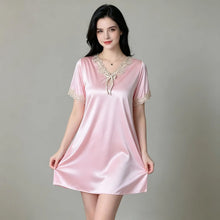Load image into Gallery viewer, Elegant Women Satin Night Dress Lace V‑Neck Bow Knot Short Sleeve Sexy Sleepwear Ladies Home Loungewear Nightgown Sexy Lingiere
