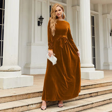 Load image into Gallery viewer, Women's Elegant A-Line Velvet Dress for Wedding Guest Prom Party Wedding Party, Long Sleeve Round Neck Belted Full Skirt

