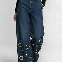 Load image into Gallery viewer, Women's High Waist Wide Leg Jeans with Gold Eyelets Vintage Baggy Denim Pants, Y2K Streetwear Hollow Out Trousers Ladies Jeans
