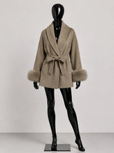 Load image into Gallery viewer, Women's Wool Coat with Fur Cuffs Minimalist Soft Wool High Fashion Belted Winter Fur Trim Coat Old Money Style Natural Fur Coat
