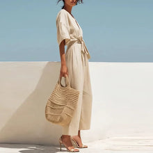 Load image into Gallery viewer, Summer Elegant Jumpsuit V Neck Lace Up High Waist Half Sleeve Long Pants Jumpsuits For Women Casual Loose Romper Playsuits
