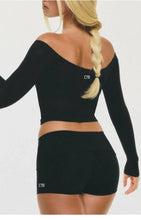 Load image into Gallery viewer, C-B Women's Yoga Set: Long-sleeved V-neck T-shirt &amp; High-waisted Cuffed Shorts &amp; Leggings, Suitable for Gym Workouts.
