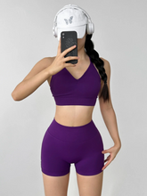 Load image into Gallery viewer, Women's Yoga Set Strappy Sports Bra &amp; High Waisted Shorts | Quick Dry Padded Butt Lifting Workout Outfit for Running Traini
