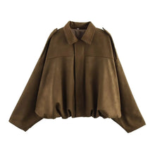 Load image into Gallery viewer, Women Bomber Jackets Suede Texture Coats Fashion Turn-down Collar Long Sleeve Loose Vintage Female Outerwear Chic Top Streetwear
