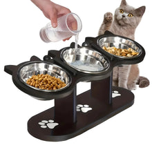 Load image into Gallery viewer, Elevated Cat Food Bowl with Black Wooden Support Frame Stainless Steel Cats Bowls 15° Stand Sloped Feeding &amp; Watering Supplies
