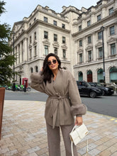 Load image into Gallery viewer, Women's Wool Coat with Fur Cuffs Minimalist Soft Wool High Fashion Belted Winter Fur Trim Coat Old Money Style Natural Fur Coat
