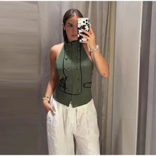 Load image into Gallery viewer, Women's Top 2026 Summer Elegant Fashion Silky Vacation Halter Neck Backless Sexy Unique Army Green Beach Style Party Women's Top

