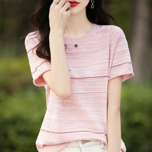 Load image into Gallery viewer, Women's T-shirts Summer New 100% Cotton Short Sleeve Casual Striped Knit Blouse Round Neck Tops Loose Pullover Tees
