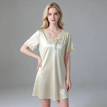 Load image into Gallery viewer, Elegant Women Satin Night Dress Lace V‑Neck Bow Knot Short Sleeve Sexy Sleepwear Ladies Home Loungewear Nightgown Sexy Lingiere
