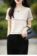 Load image into Gallery viewer, Women's T-shirts Summer New 100% Cotton Short Sleeve Casual Striped Knit Blouse Round Neck Tops Loose Pullover Tees
