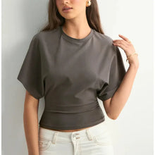 Load image into Gallery viewer, Women's T-shirts Crew Neck Ruched Waist Slim Fit Solid Color Casual Cropped Tee Summer Streetwear Basic Daily Wear Top
