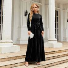 Load image into Gallery viewer, Women's Elegant A-Line Velvet Dress for Wedding Guest Prom Party Wedding Party, Long Sleeve Round Neck Belted Full Skirt
