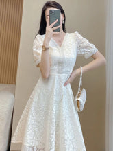 Load image into Gallery viewer, Elegant White Lace Puff Dress
