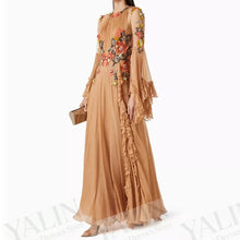 Load image into Gallery viewer, Women's A-line Evening Dresses Floor-length O-neck Full Sleeve Prom Dress Fashion Flowers Ruched Simple Draped Gowns Customized
