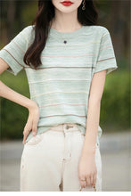 Load image into Gallery viewer, Women's T-shirts Summer New 100% Cotton Short Sleeve Casual Striped Knit Blouse Round Neck Tops Loose Pullover Tees
