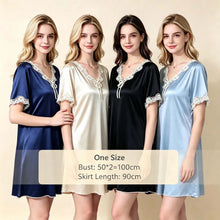 Load image into Gallery viewer, Elegant Women Satin Night Dress Lace V‑Neck Bow Knot Short Sleeve Sexy Sleepwear Ladies Home Loungewear Nightgown Sexy Lingiere
