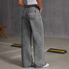 Load image into Gallery viewer, Mens Jeans Vintage Bow Embroidery Washed Denim Pants Harajuku Unisex Loose Fit Straight Leg Streetwear Casual Fashion Trend New
